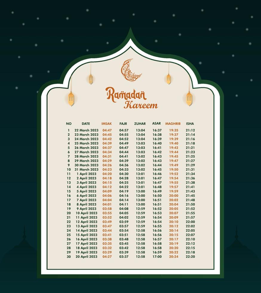 Ramadán hora calendario 2023 con oración veces en Ramadán. Ramadán calendario - ayuno, iftar, y oración calendario. islámico antecedentes diseño con mezquita y lámpara. vector