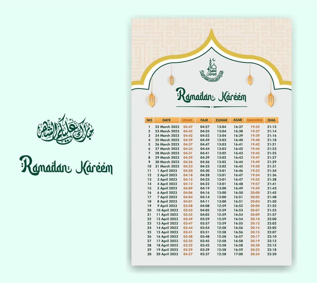 Ramadán hora calendario 2023 con oración veces en Ramadán. Ramadán calendario - ayuno, iftar, y oración calendario. islámico antecedentes diseño con mezquita y lámpara. vector