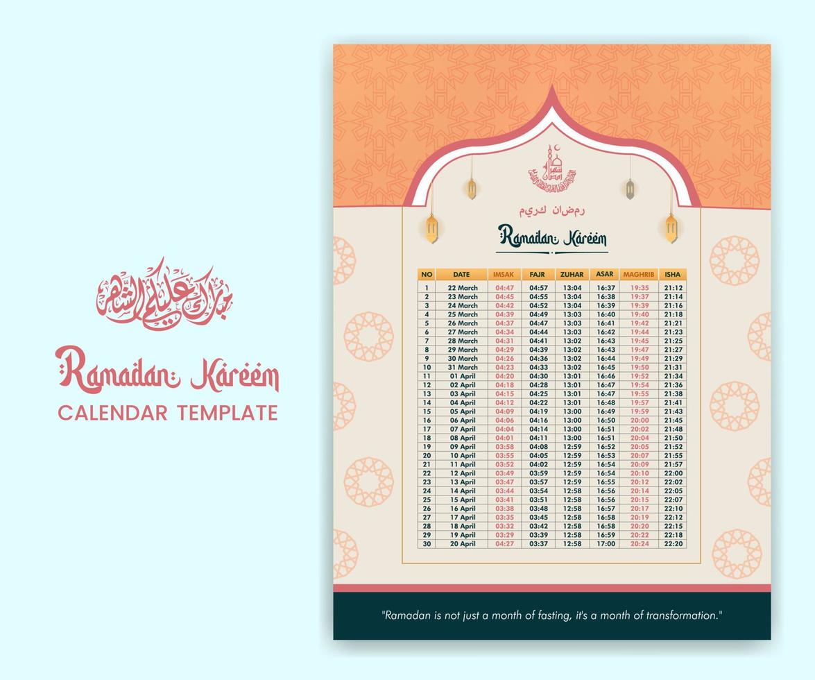 Ramadan Calender 2023 With Prayer times in Ramadan. Ramadan Schedule - Fasting, Iftar, and Prayer timetable. Islamic background design with mosque and lamp. vector
