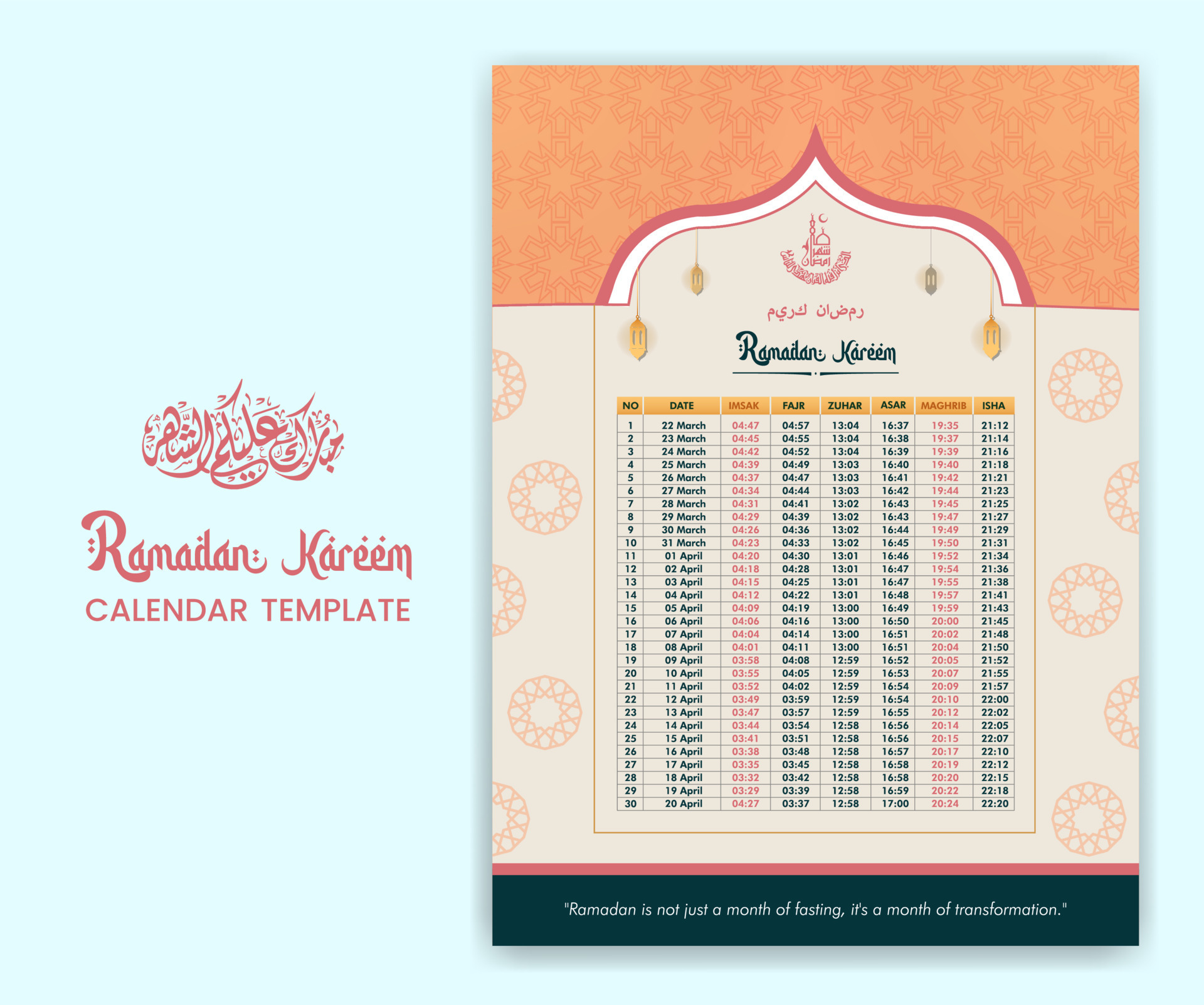 Ramadan Calender 2023 With Prayer times in Ramadan. Ramadan Schedule