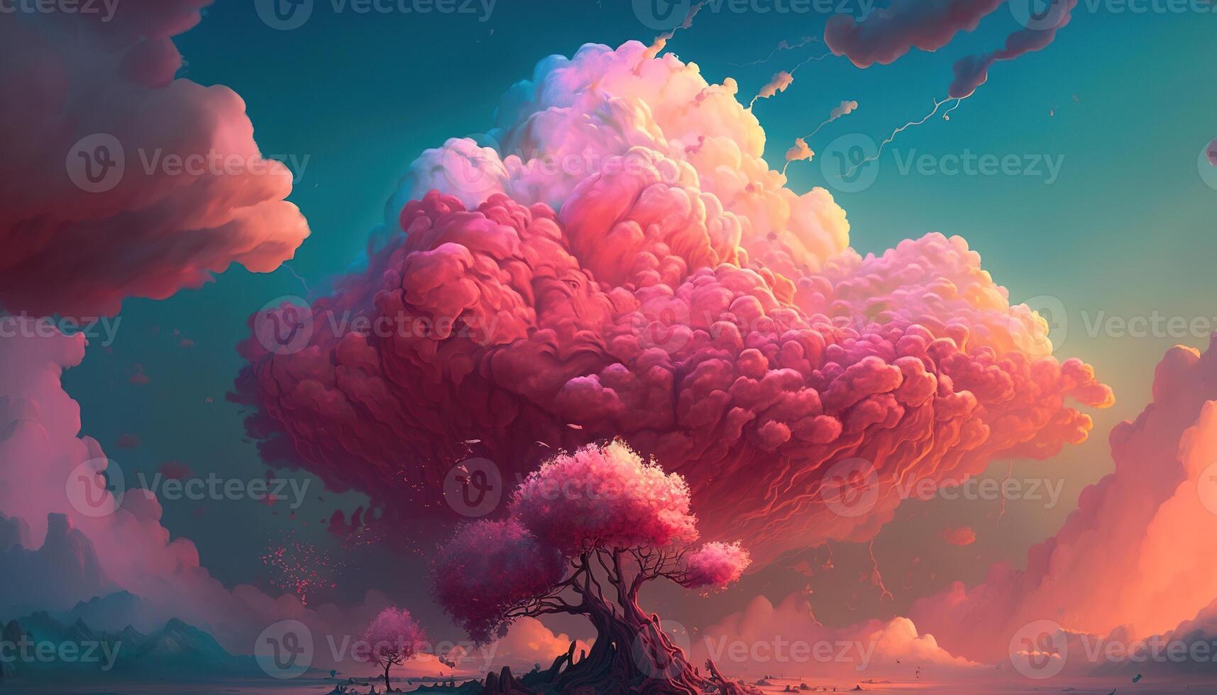 , Pink magenta fantastic clouds, sky and landscape. Gentle colors and with bright lights photo