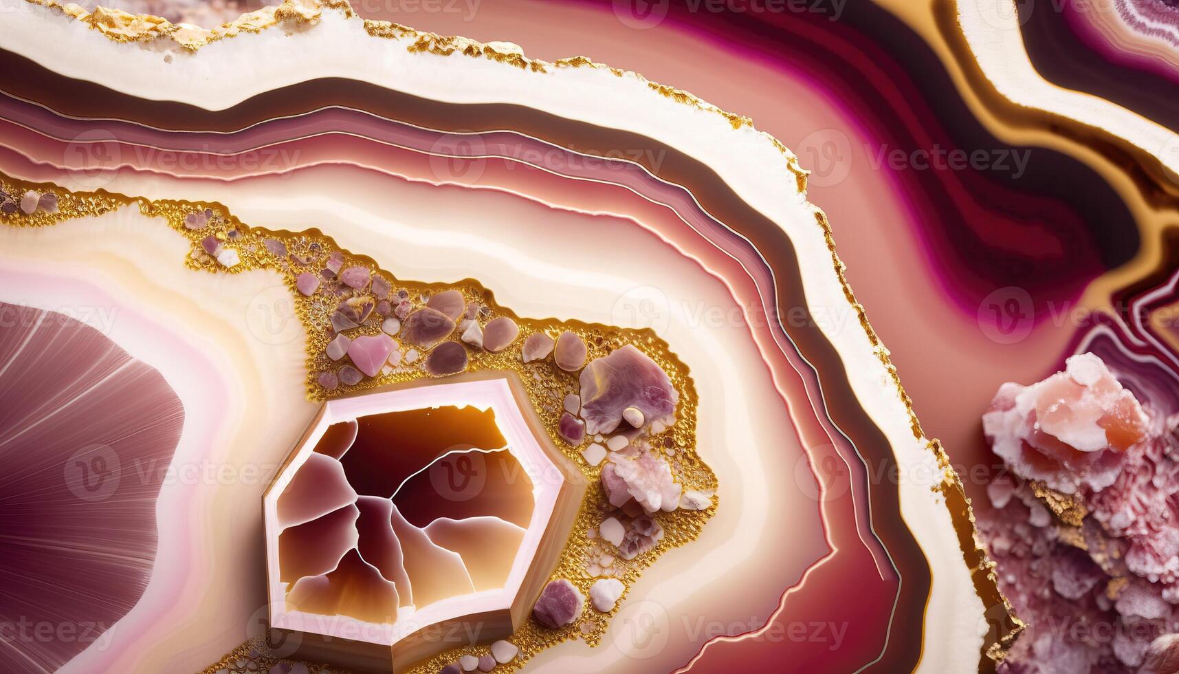 , natural volcanic agate stones close-up pink magenta and golden texture. Wallpaper background, quartz marble, decorative rock pattern photo