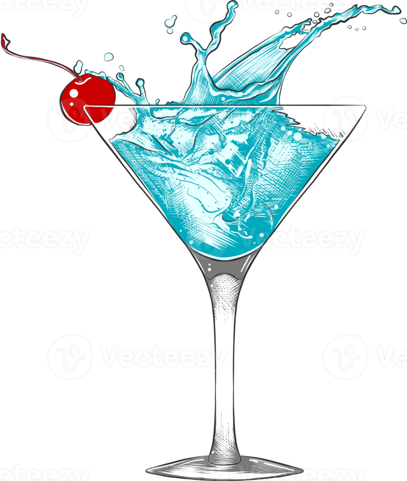 png graviert Stil Illustration zum Poster, Dekoration und drucken. Hand gezeichnet skizzieren von Blau Lagune Cocktail mit Spritzer, bunt isoliert auf Weiß Hintergrund. detailliert Jahrgang Holzschnitt Stil