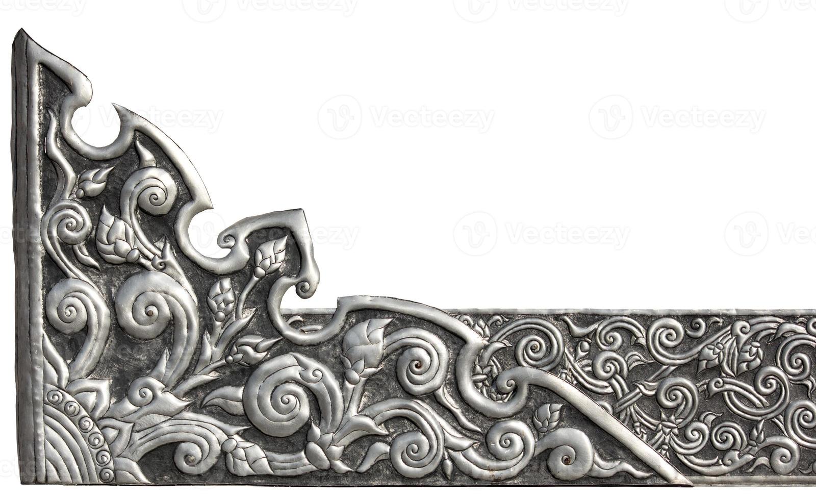 Pattern of silver metal plate with flower carved background, isolated on white,Thai style in temple photo