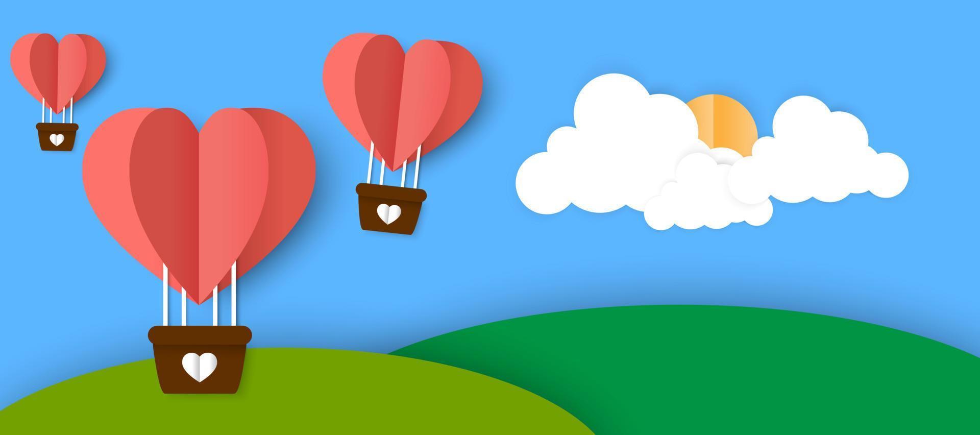 feliz día de san valentín tipografía vector diseño con globos de papel en el cielo rojo rosa corazón forma cortar nubes blancas vector imagen de amor