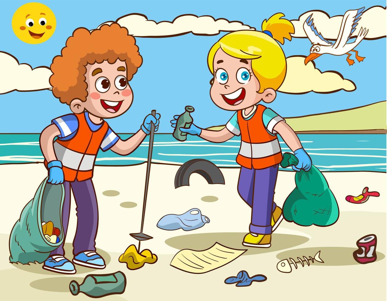 children cleaning the environment from garbage cartoon vector