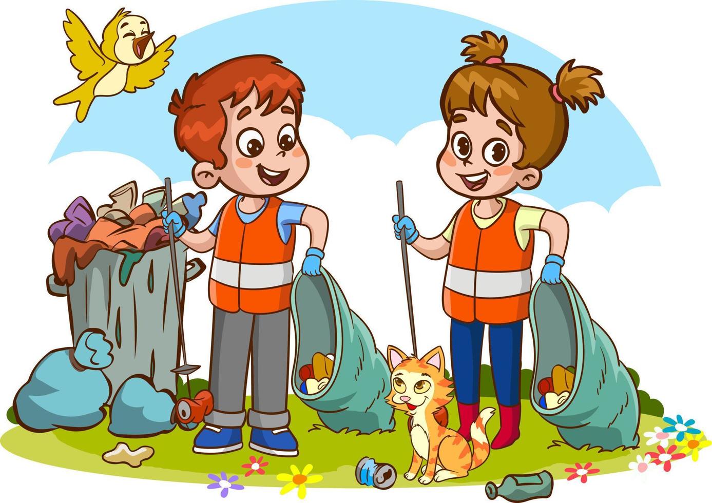 children cleaning the environment from garbage cartoon vector