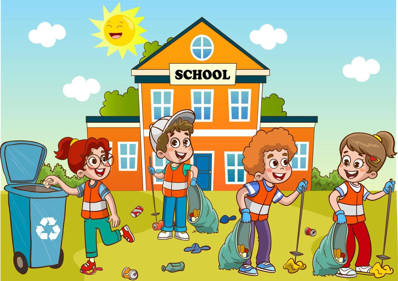 children cleaning the environment from garbage cartoon vector