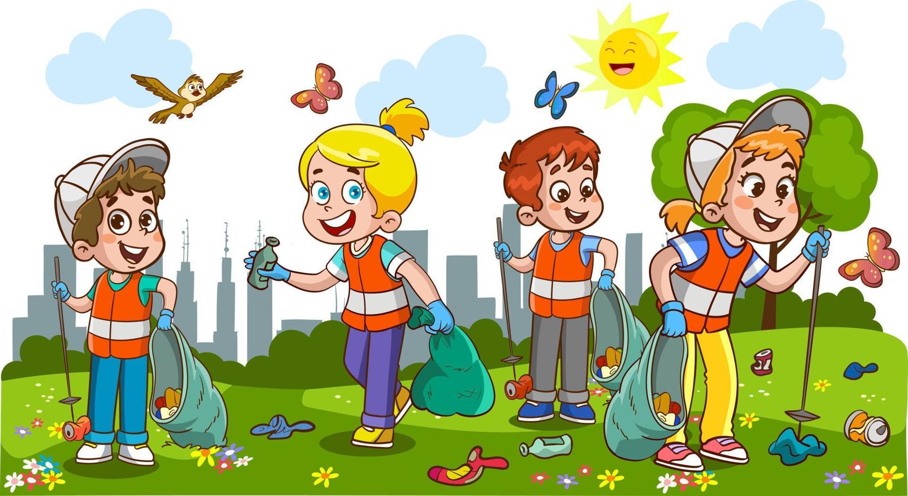 niños limpiando el medio ambiente del vector de dibujos animados de basura