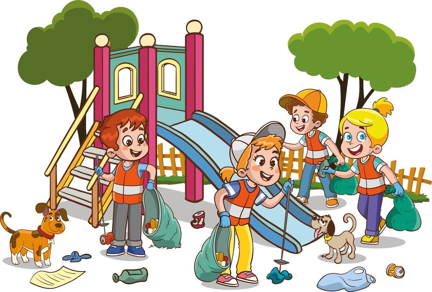 children cleaning the environment from garbage cartoon vector