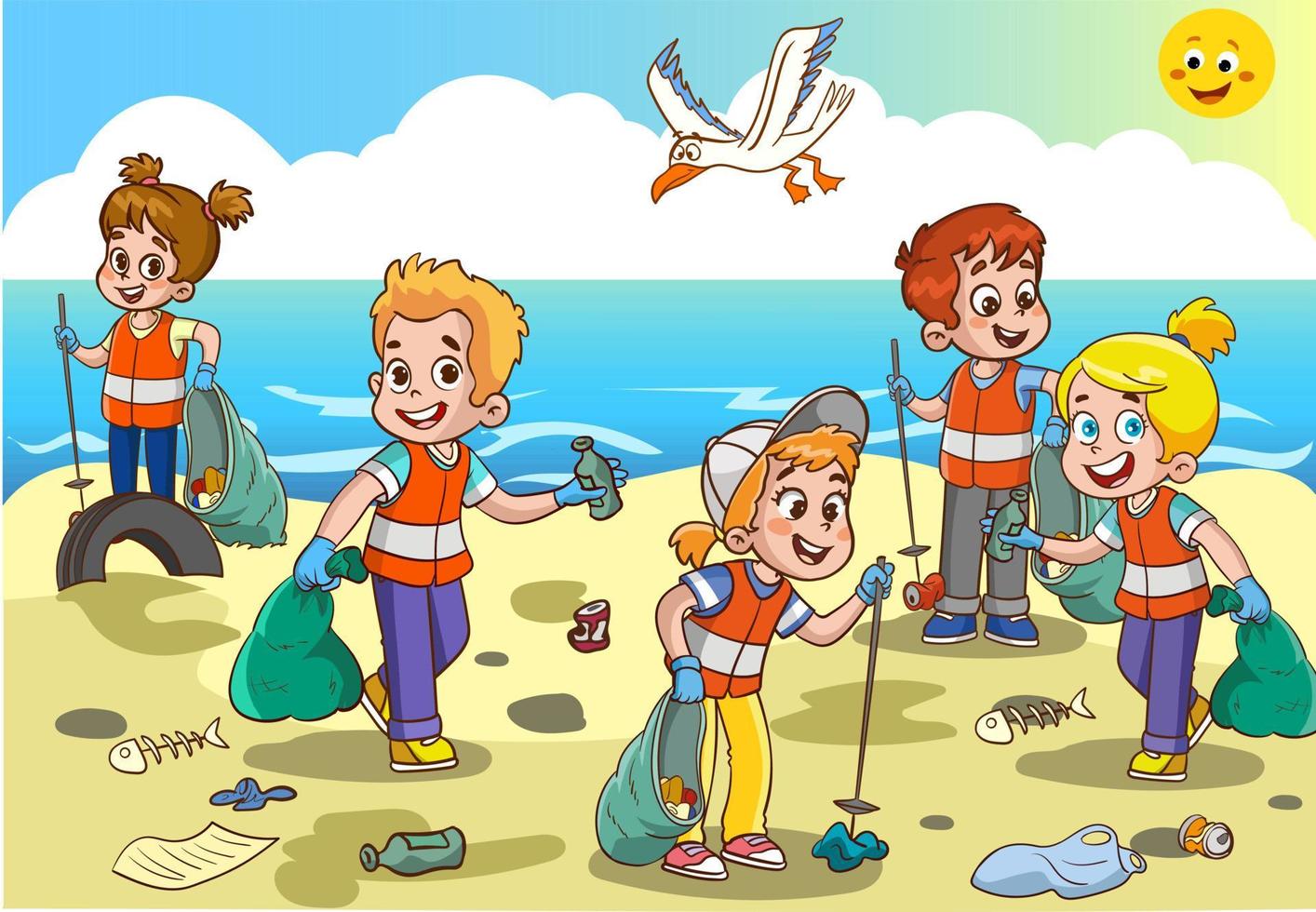 children cleaning the environment from garbage cartoon vector