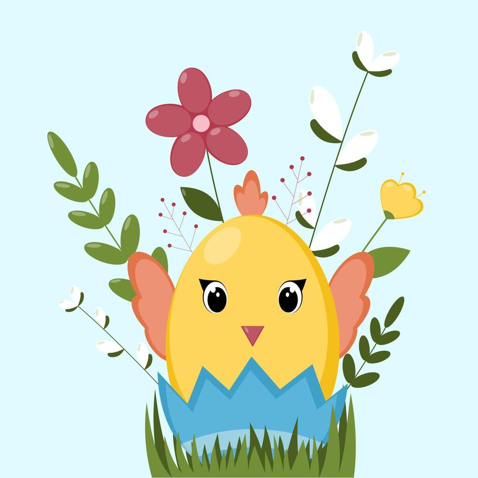 Easter chicken with egg and flowers. Happy Easter greeting card. vector