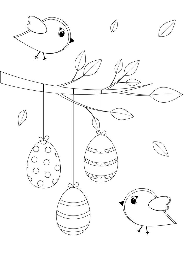 Easter card with birds and tree. Coloring page for children. Black and white greeting card. vector