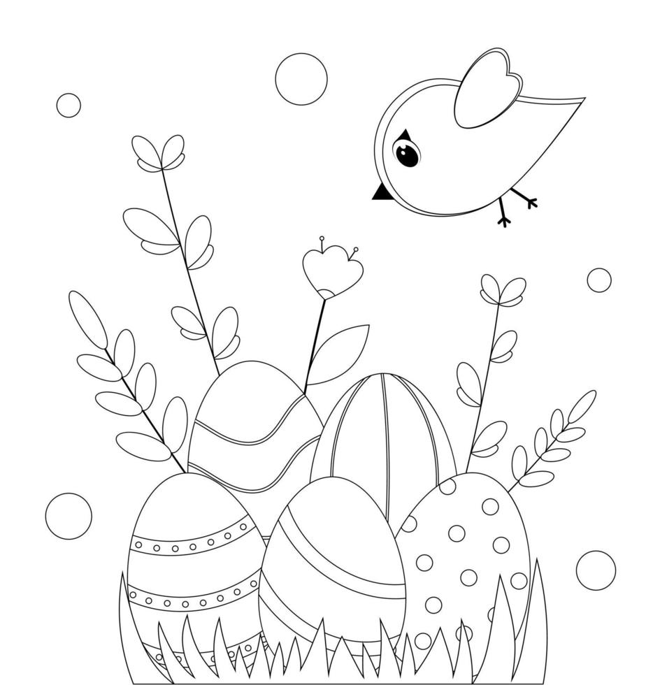 Easter card with eggs and flowers. Coloring page for children. vector