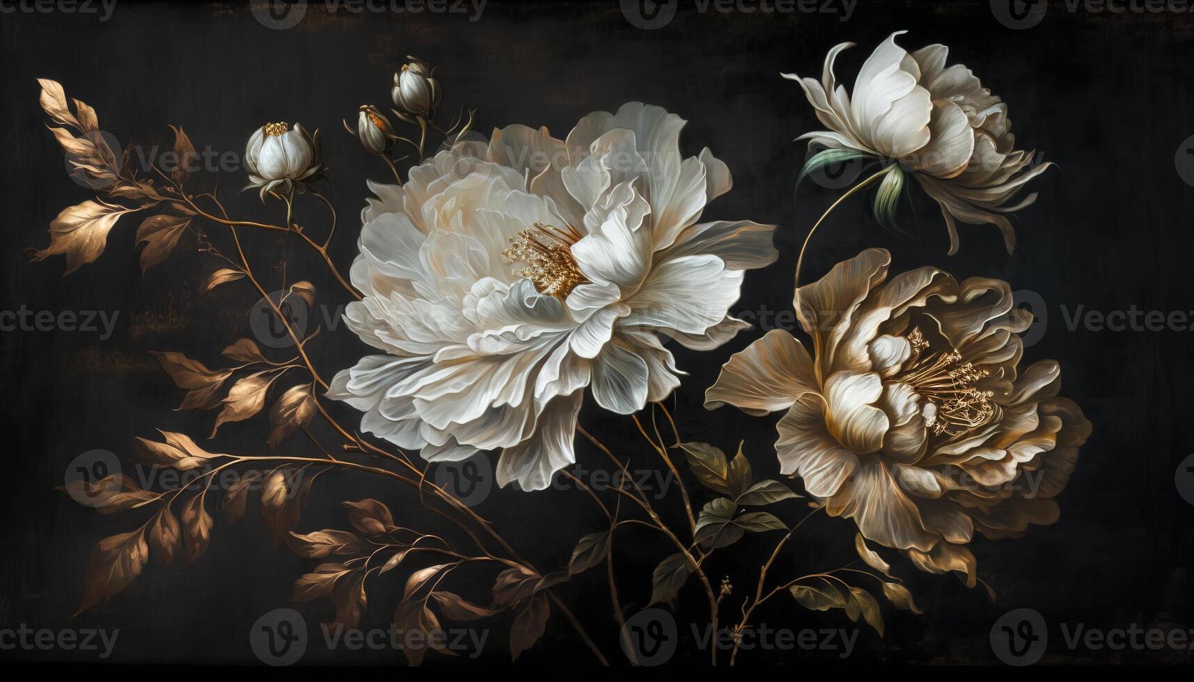 , Close up of blooming flowerbeds of amazing white and golden flowers on dark moody floral textured background. Photorealistic effect. photo