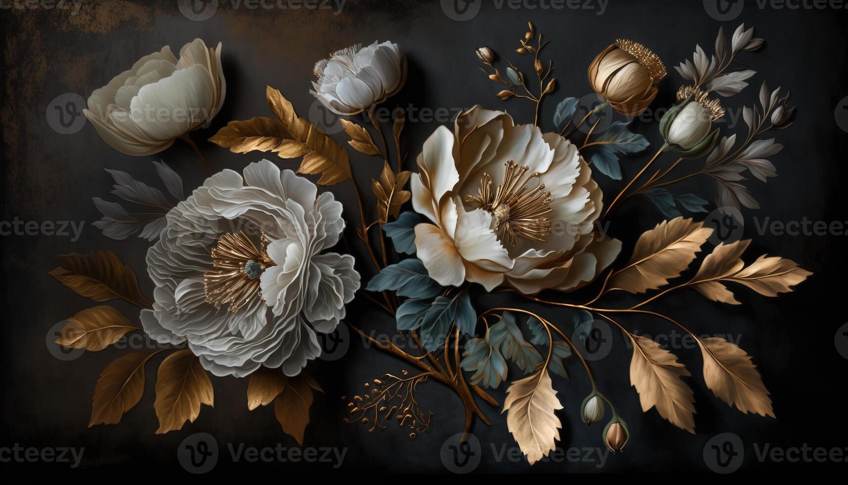 , Close up of blooming flowerbeds of amazing white and golden flowers on dark moody floral textured background. Photorealistic effect. photo