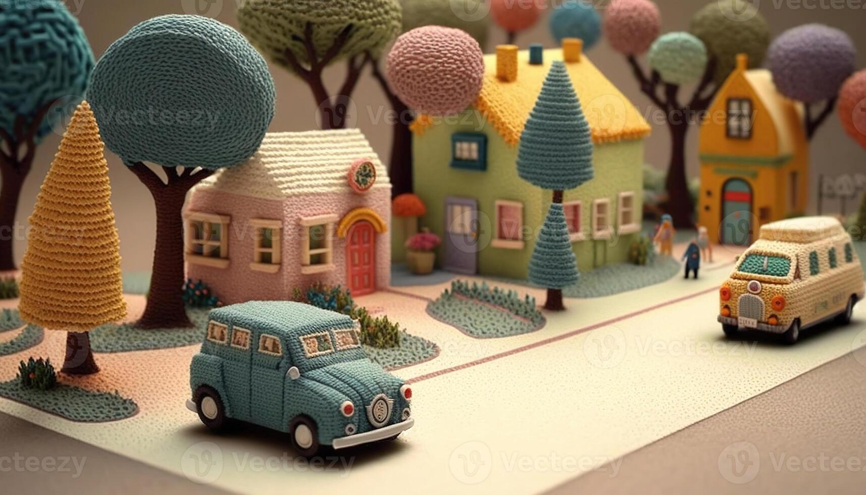 , cute street made of crochet, houses, trees, road, cars. Soft colors, dreamy scene cityscape made of crochet materials, wool, fabric, yarn, sewing for background photo