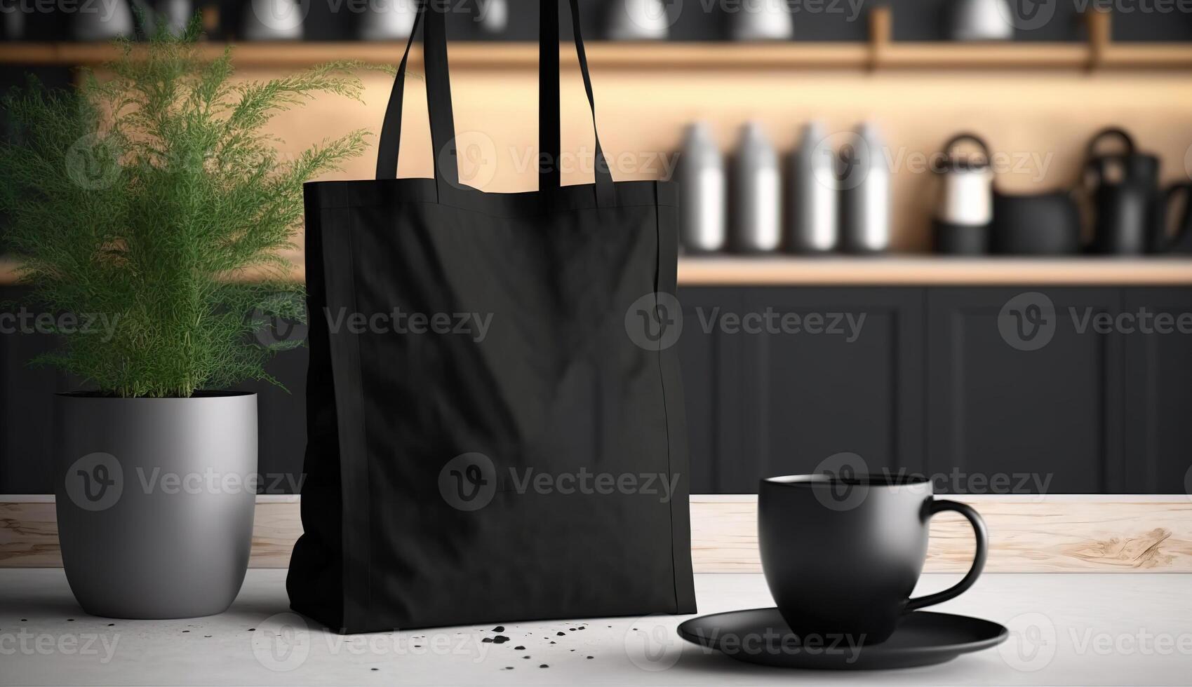 , Realistic black tote canvas fabric bag set-up in at home interior, mug mock up blank. photo