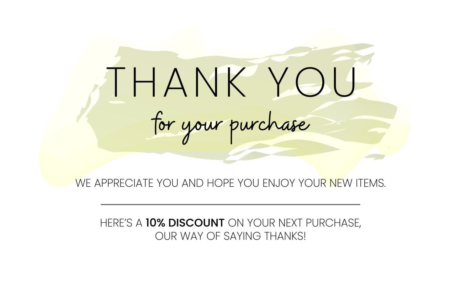 Thank you for your PURCHASE, printable vector illustration. Business thank you customer card, creative graphic design template. Soft watercolor background, calligraphy script text, business card.
