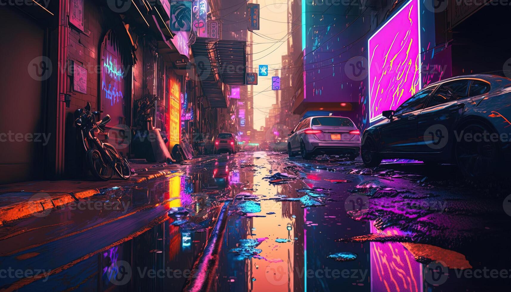 , Night scene of after rain city in cyberpunk style, futuristic nostalgic 80s, 90s. Neon lights vibrant colors, photorealistic horizontal illustration. photo