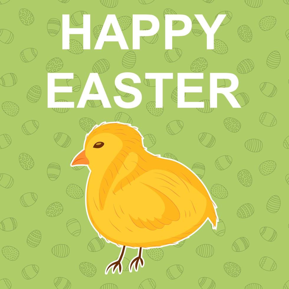Happy Easter Card with Chick on Green Pattern of Eggs vector