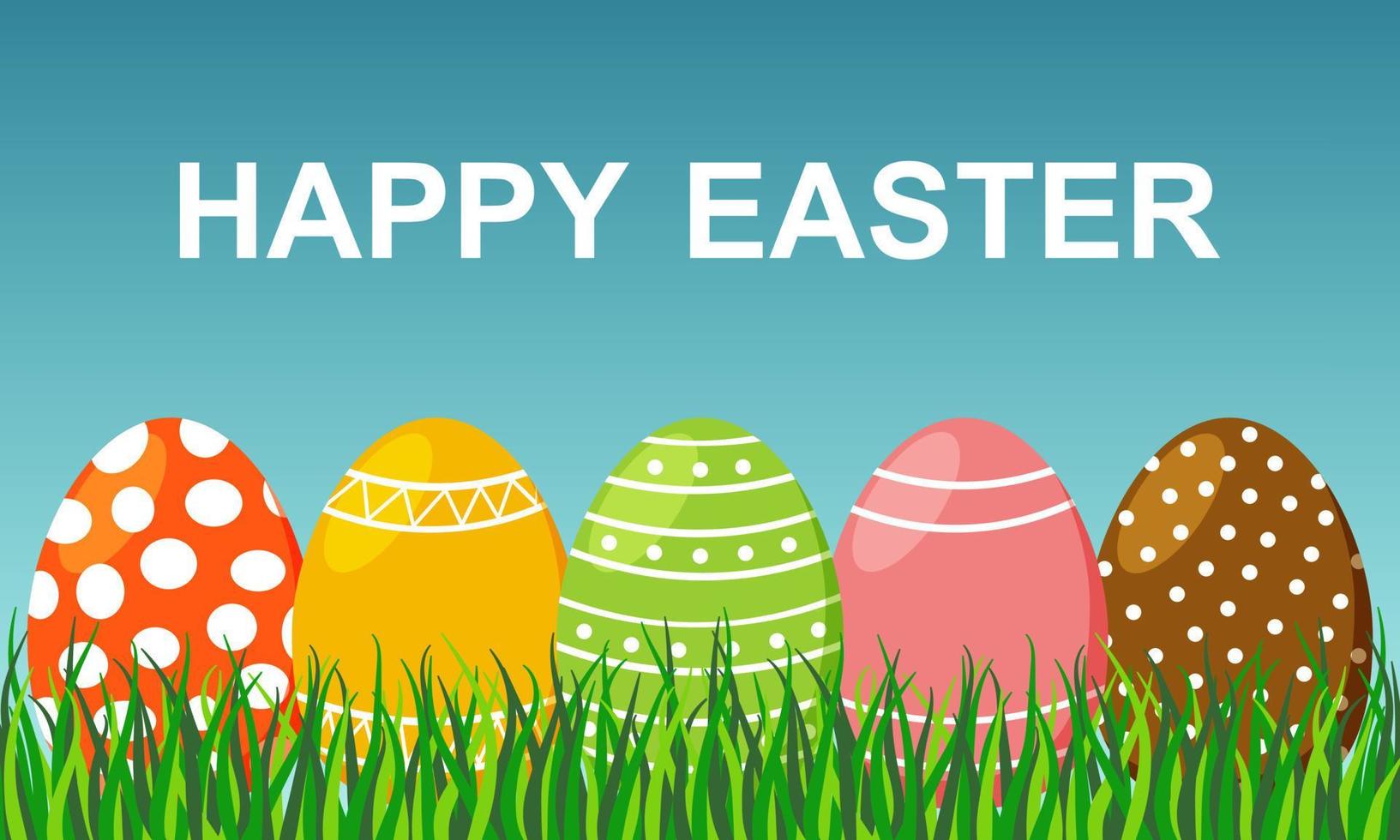 Happy Easter Poster with Colorful Eggs and Grass on Blue Background vector