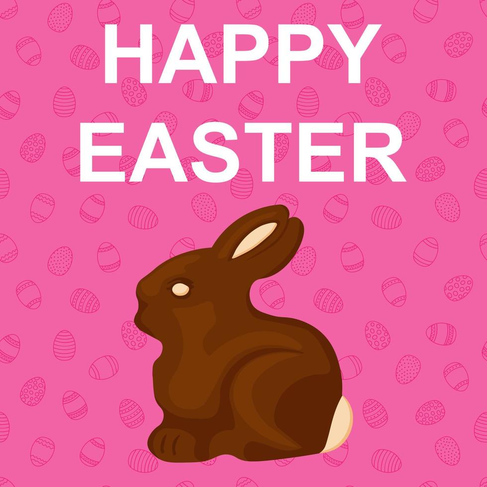 Happy Easter Card with Chocolate Bunny on Pink Pattern of Eggs vector