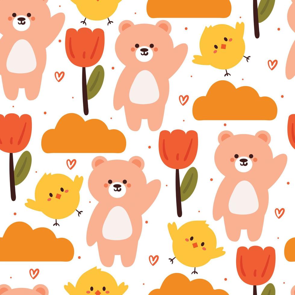 seamless pattern cartoon bear and flower. cute animal wallpaper illustration for gift wrap paper vector