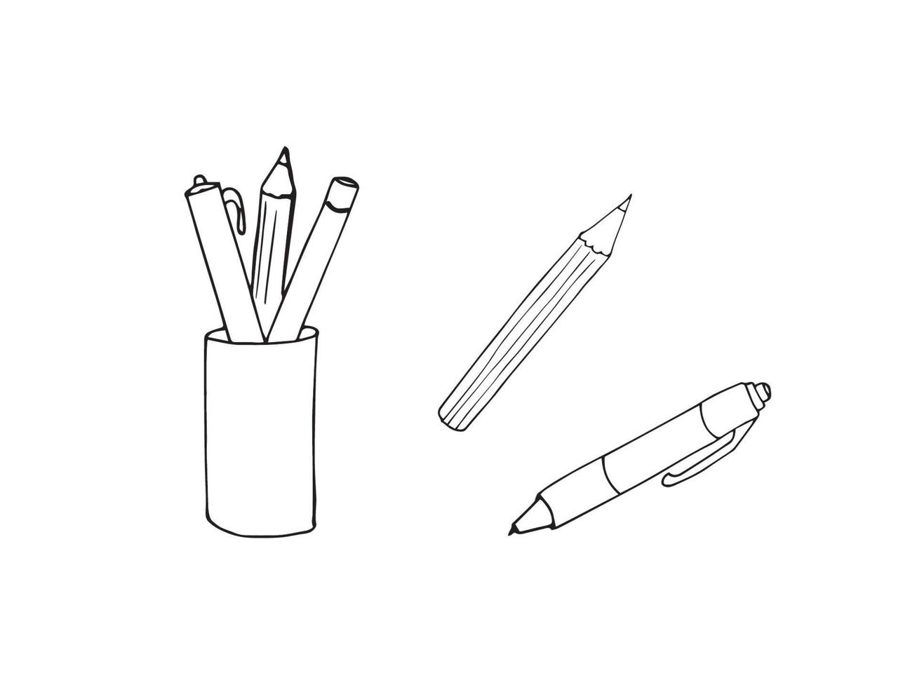 Pen case, pencil and pen, hand drawan vector illustration