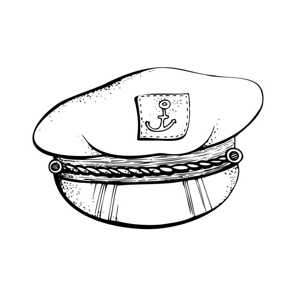 Cap of the captain, sailor. Isolated object drawn by hand in graphic technique. Vector illustration for summer, nautical, fishing and beach decoration and design.