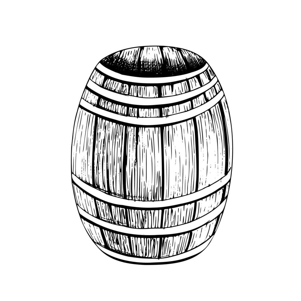 Wooden barrel. Isolated object drawn by hand in graphic technique. Vector illustration for summer, nautical, fishing and beach decoration and design.