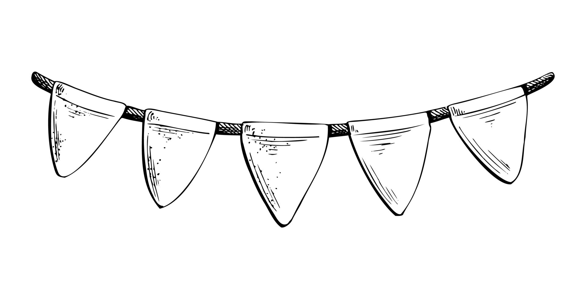 Garland with flags. Black and white handdrawn illustration in graphic