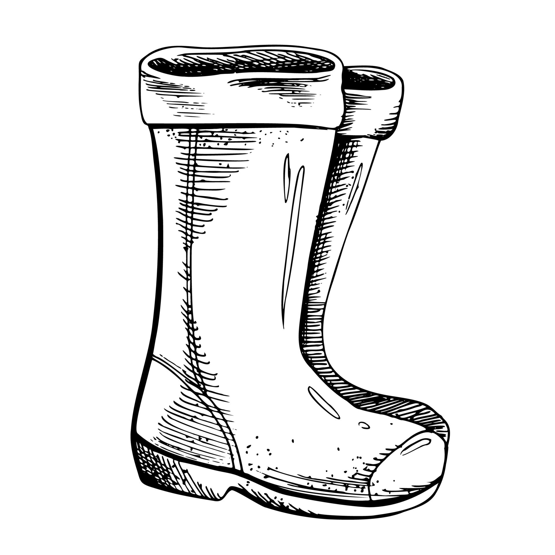 Rubber boots. Black and white handdrawn illustration in graphic technique. Isolated, vector