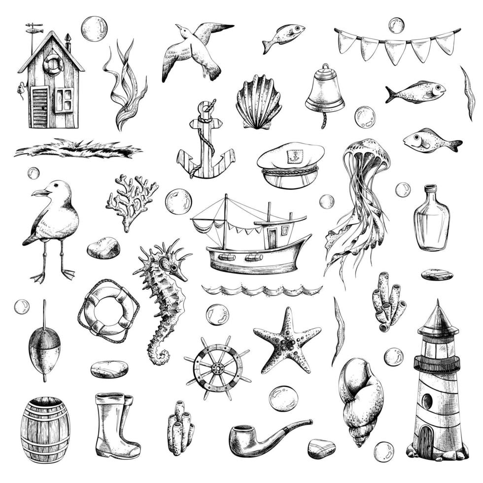 Nautical set with ship, lighthouse, underwater animals and various elements. Black and white hand-drawn illustration in graphic technique. Isolated, vector objects. in EPS format. For design.