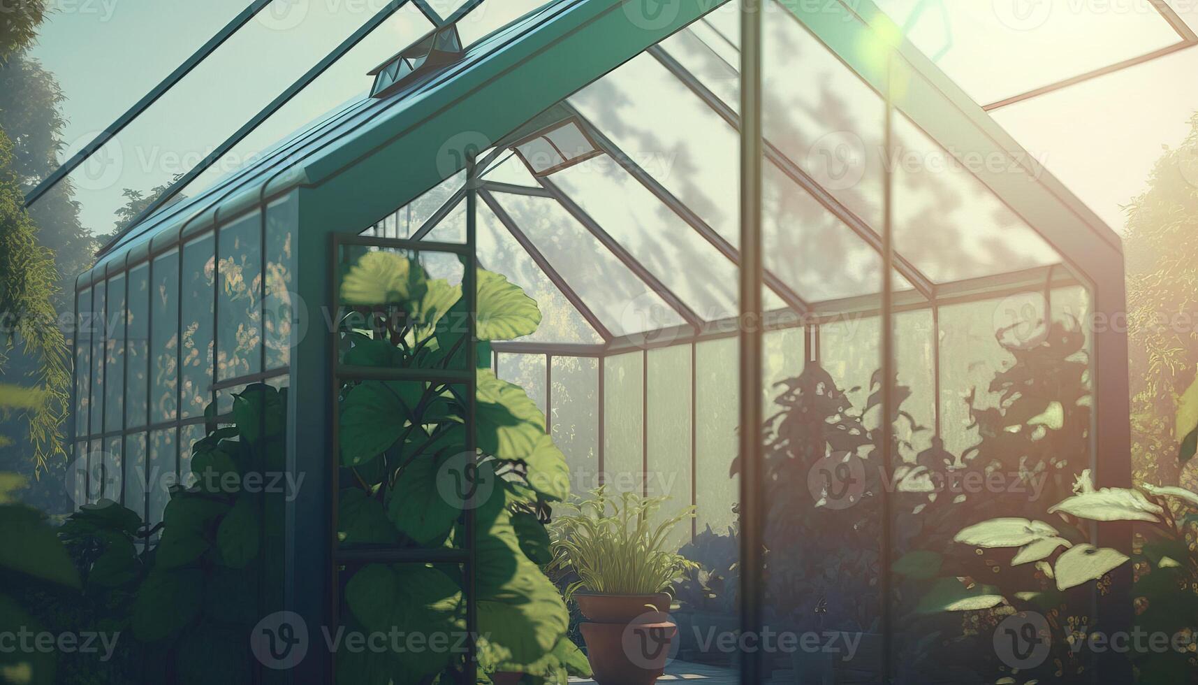 , Green house from the glass, tent-glass garden with a lot of plants. Photorealistic effect. photo