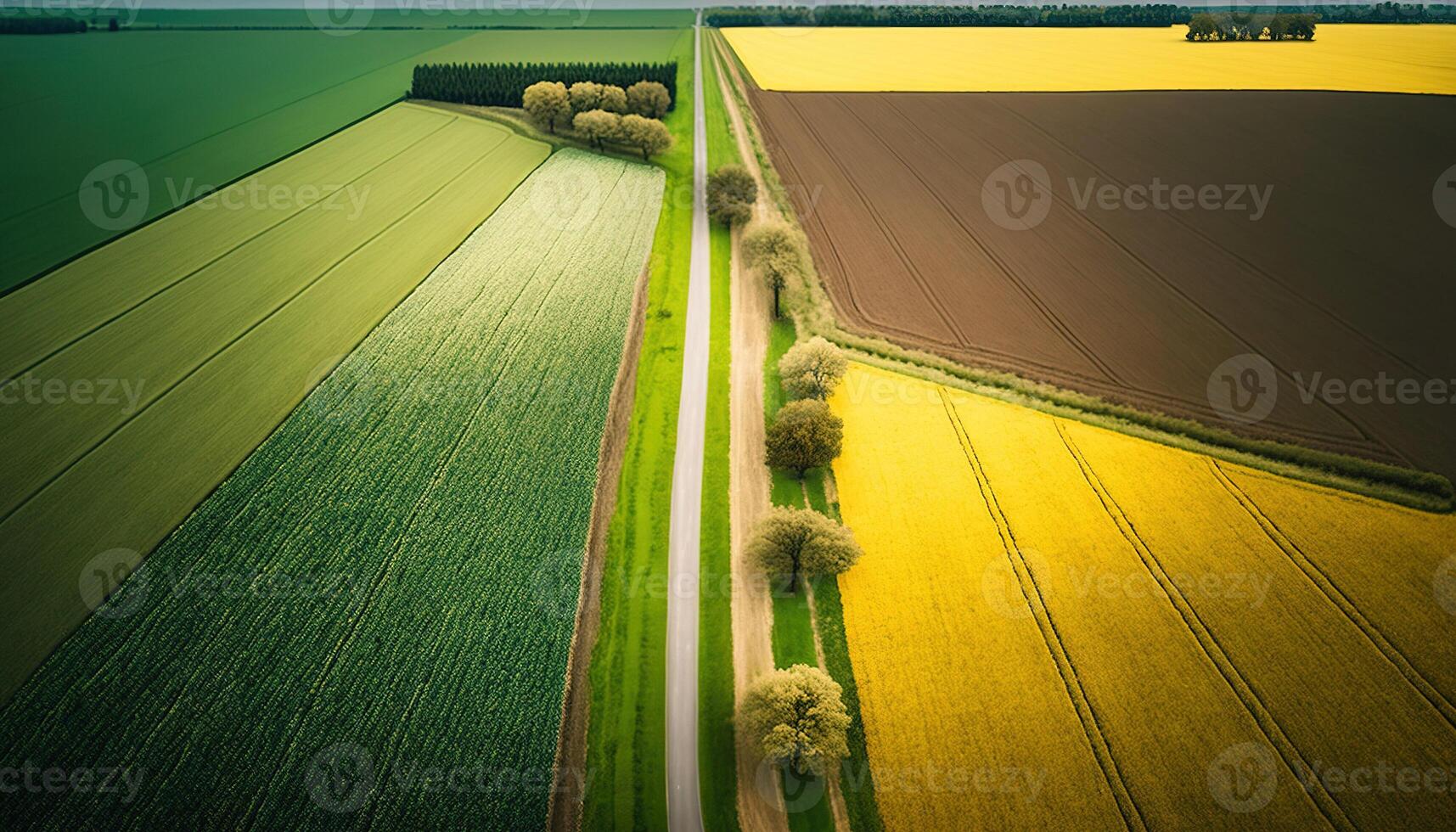 , Farm landscape, agricultural fields, beautiful countryside, country road. Nature Illustration, photorealistic top view drone, horizontal banner. photo