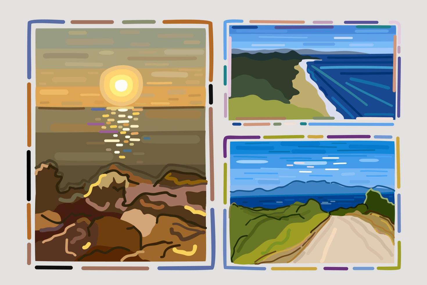 vector conjunto de Tres paisajes con sencillo marcos Hora de verano. puesta de sol. costa. la carretera a el mar.