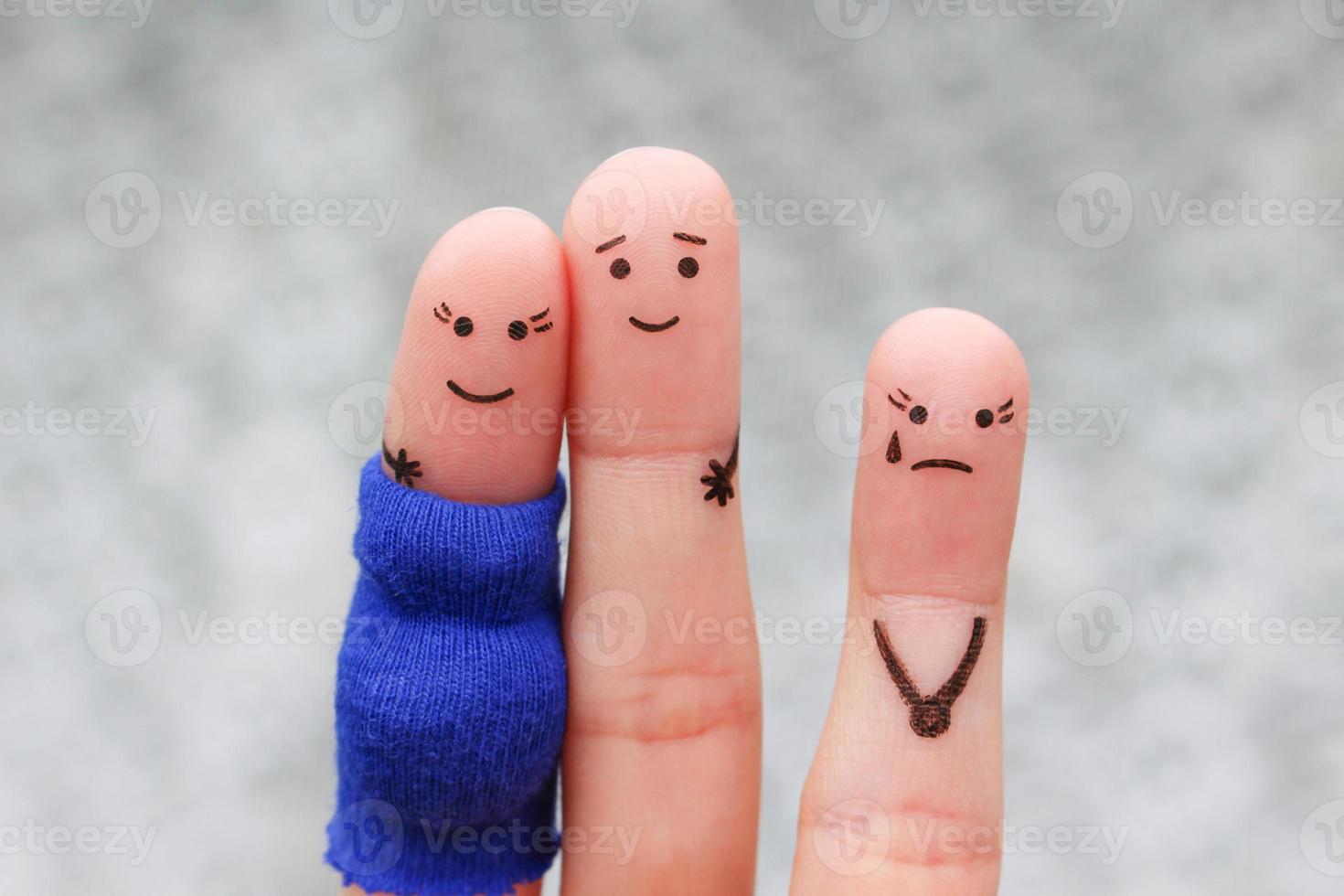 Fingers art of happy couple. Woman is pregnant. Other girl is jealous and angry. photo