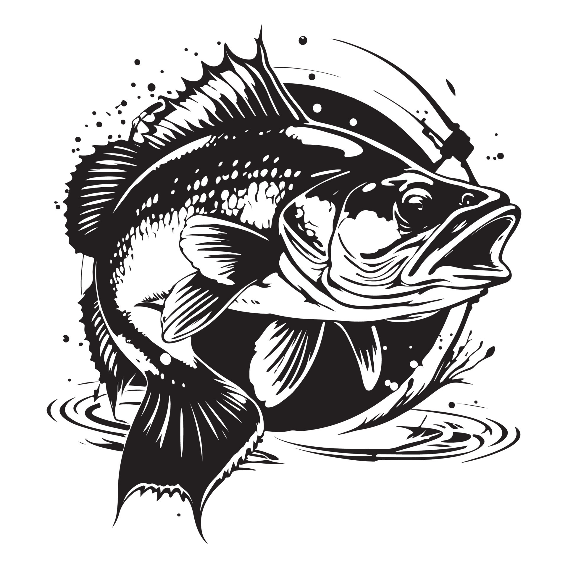 Bass fish line drawing style on white background. Design element for icon  logo, label, emblem, sign, and brand mark.Vector illustration Stock Vector