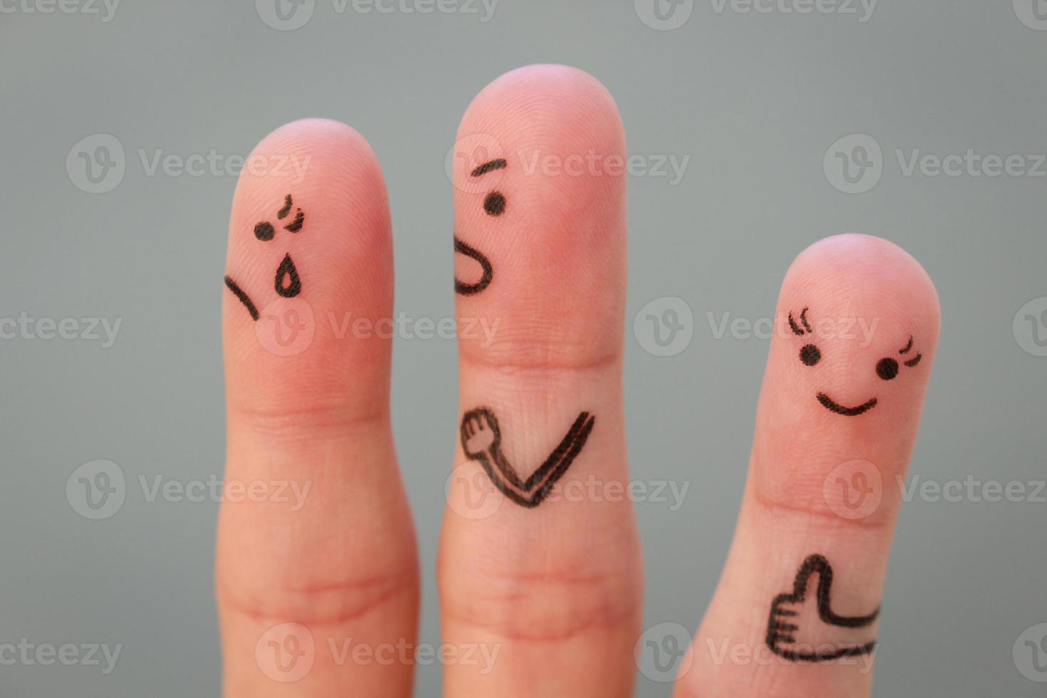 Fingers art of couple during quarrel. Another woman is happy. photo
