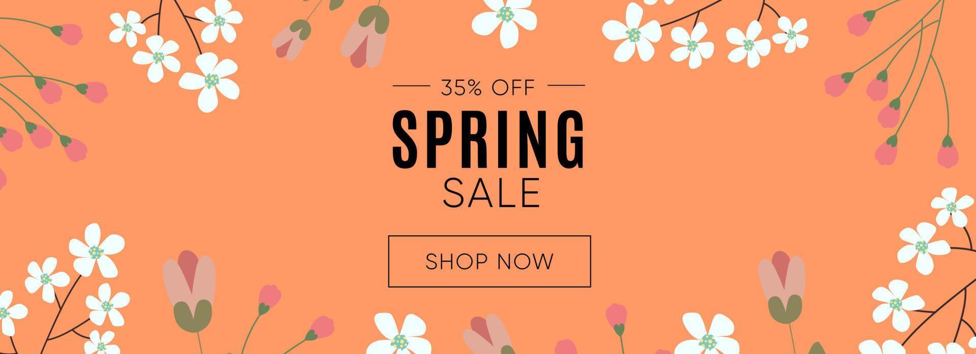 Spring Sale Header or Banner Design with Get Extra 35 Off with flowers on orange Background. vector