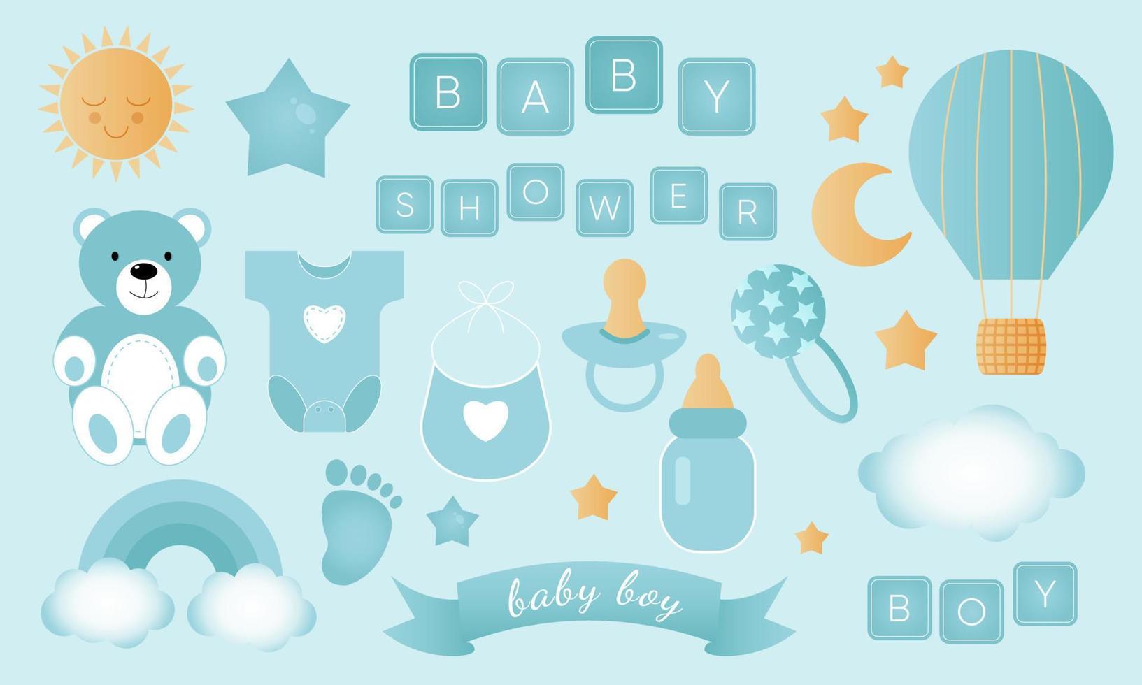 Baby shower set on blue background. It s a boy. vector