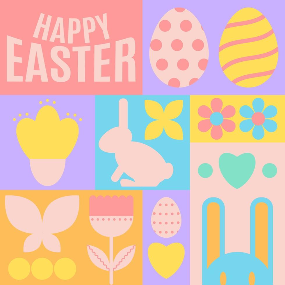 Happy Easter. Patterns. Modern geometric abstract style. Easter eggs, rabbit., flowers. vector