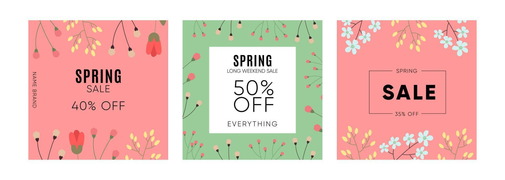 Spring Sale square templates with blossom flowers on pink and green Background. vector