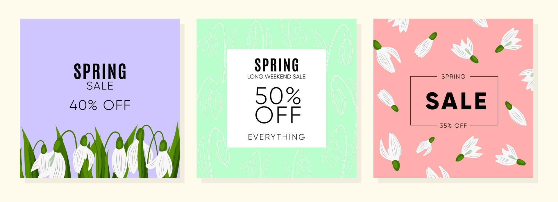 Spring Sale square templates with snowdrops on pink, violet and green Background. vector