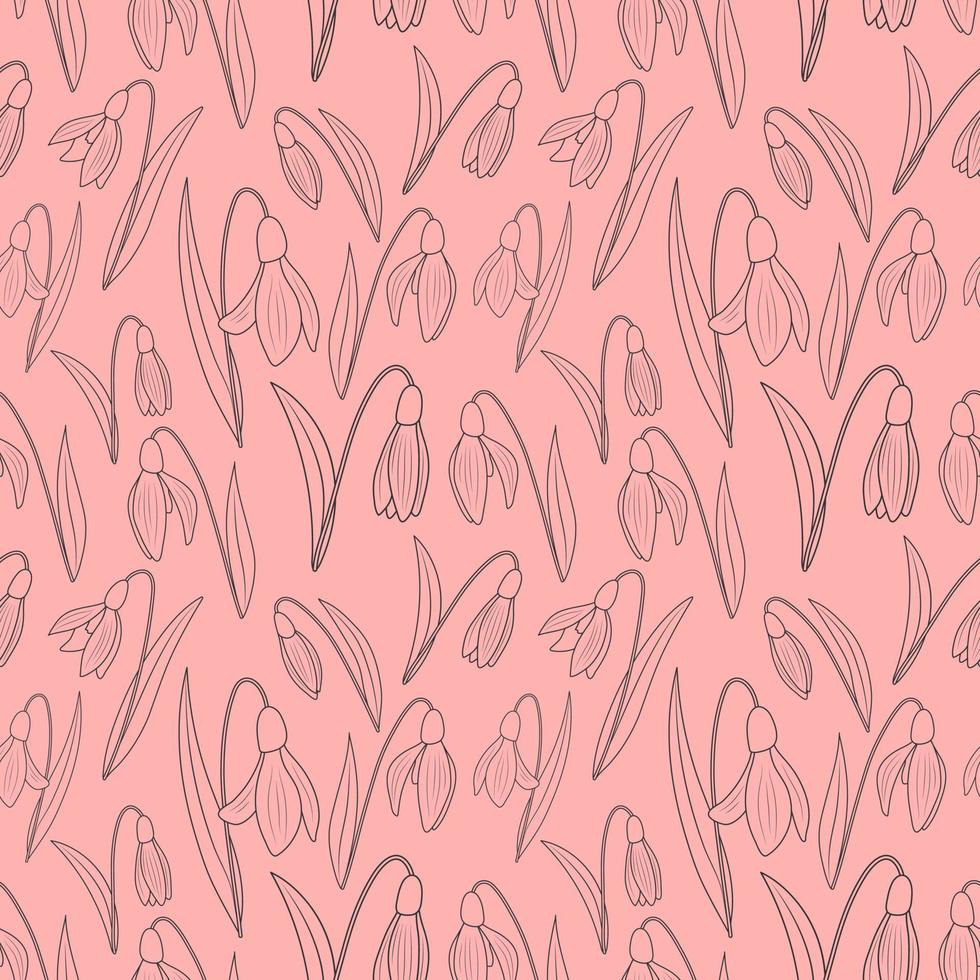 Vector seamless pattern with snowdrop flowers on a pink background.