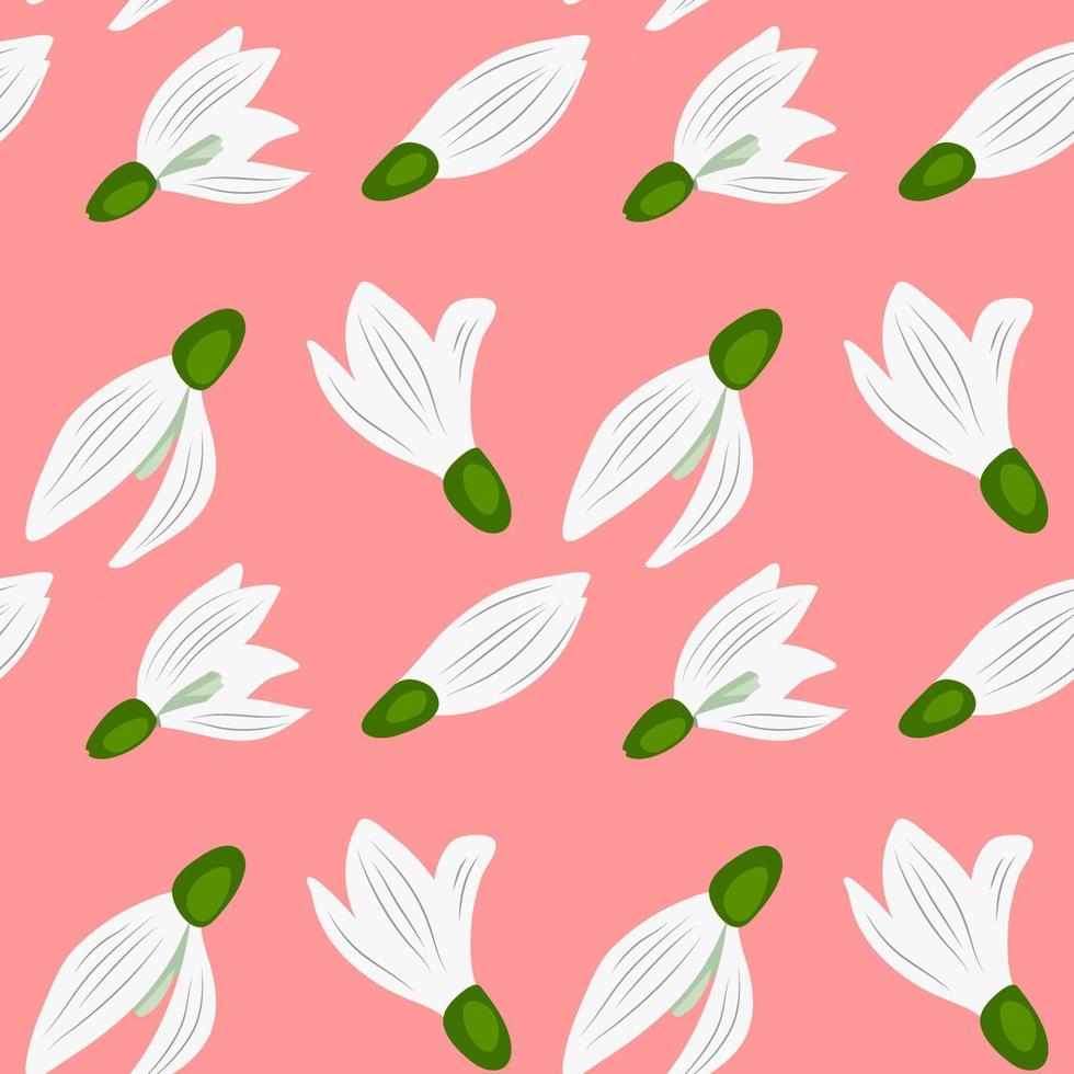 Vector seamless pattern with snowdrop flowers on a pink background.