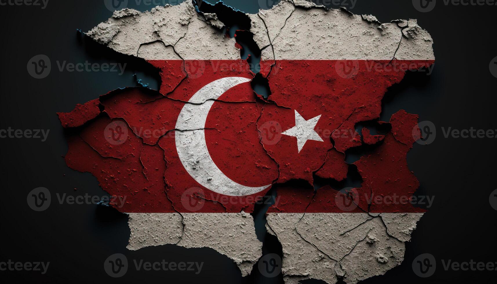 , earthquake in Turkey banner, Turkish flag on broken concrete, cracked ground. Catastrophic concept, calamity that struck this country photo