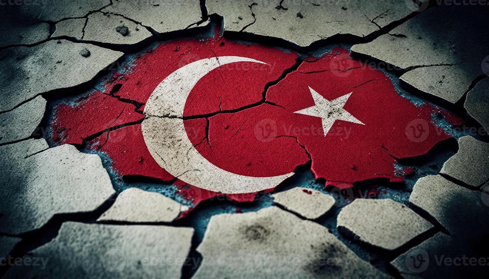 , earthquake in Turkey banner, Turkish flag on broken concrete, cracked ground. Catastrophic concept, calamity that struck this country photo