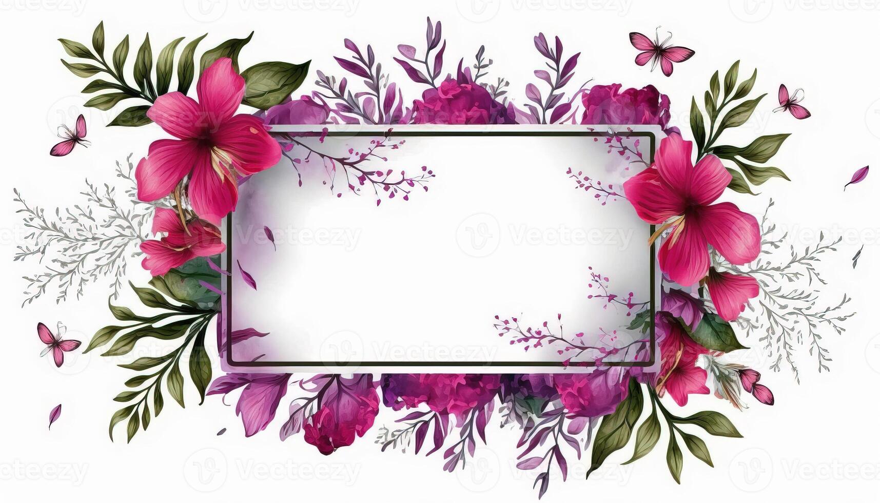 generativo ai, acuarela marco con primavera Viva magenta flores, mano dibujado Arte estilo con sitio para texto. saludo, cumpleaños y otro día festivo, Boda invitación concepto foto